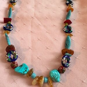 Vintage Artisan Turquoise & Cloisonné Statement Necklace – 28”